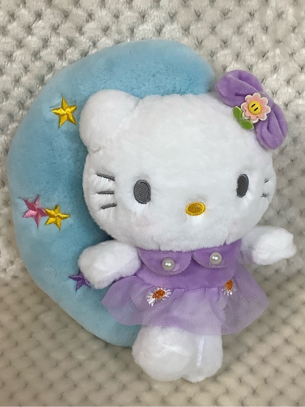 Hello Kitty White Plush Purple Dress Blue Crescent Moon Stuffed Animal Toy